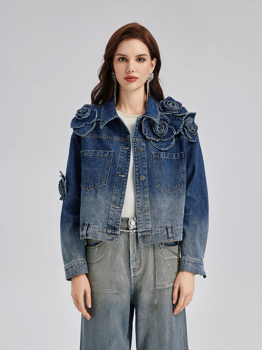 Handcrafted Floral Gradient Denim Jacket