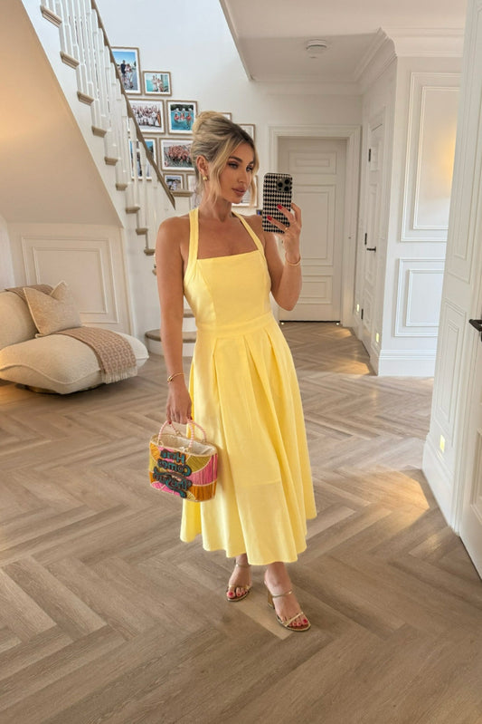 Sleeveless Yellow Halterneck Midi Dress